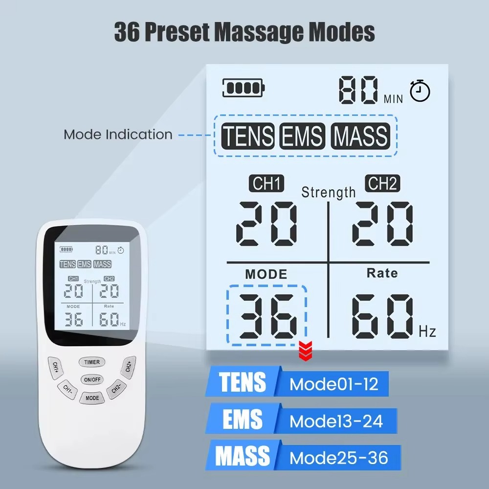 36 preset modes — TENS, EMS, and massage